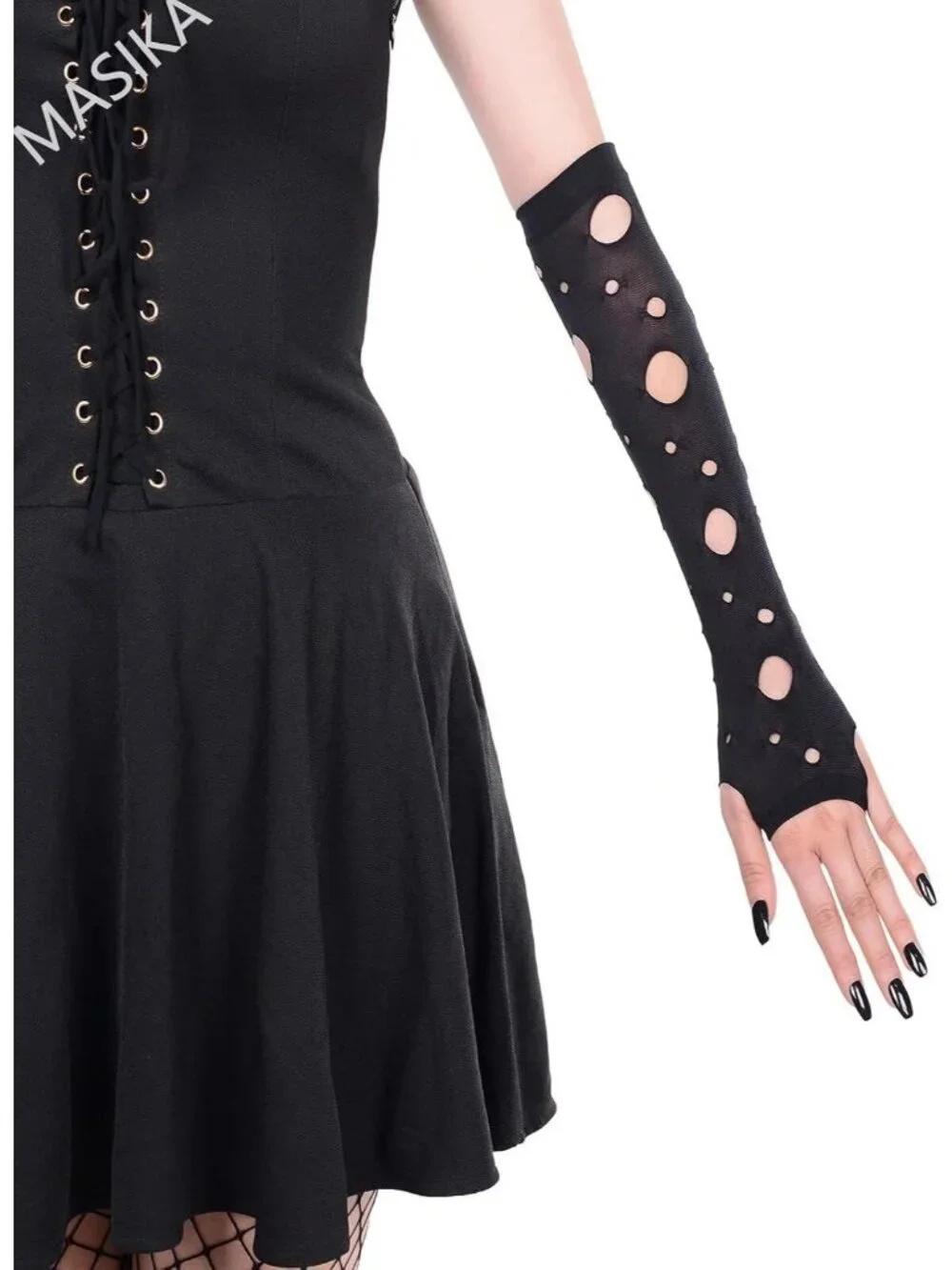 Women's Black Long Hole Cutout Arm Warmers Fingerless Distressed Gothic Gloves